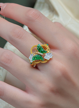衣锦媚行S925镀金翡翠蝴蝶开口戒