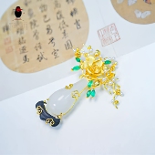 衣锦媚行s925银镀金和田玉珍珠牡丹花瓶胸针吊坠植物花卉复古饰品