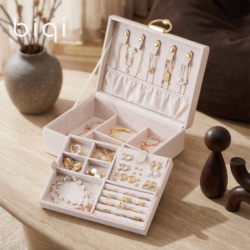 biqi耳钉戒指盒双层大容量轻奢防尘高端精致耳环收纳盒便携首饰盒