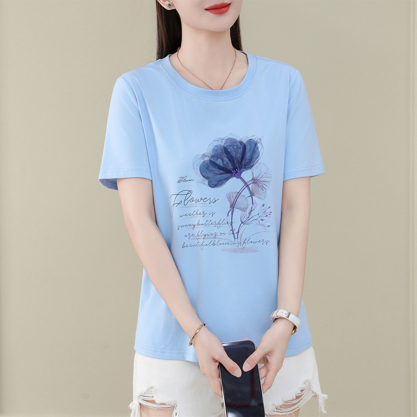 纯棉印花短袖T恤女夏新款手绘花朵宽松减龄女士圆领正肩休闲上衣