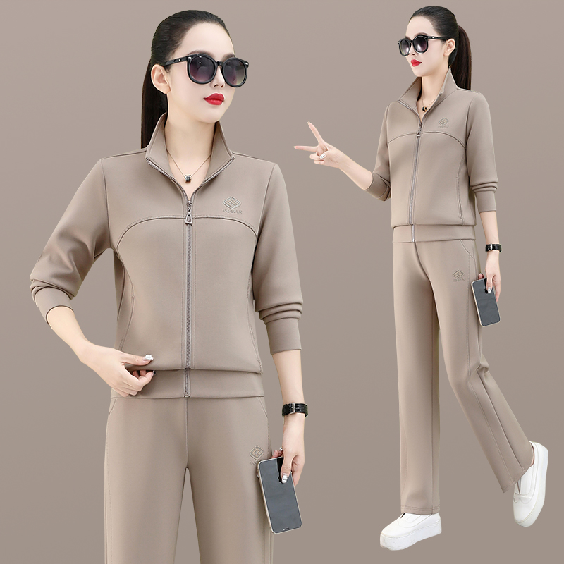 休闲运动套装女春秋2025新款时尚洋气妈妈纯色立领宽松显瘦两件套