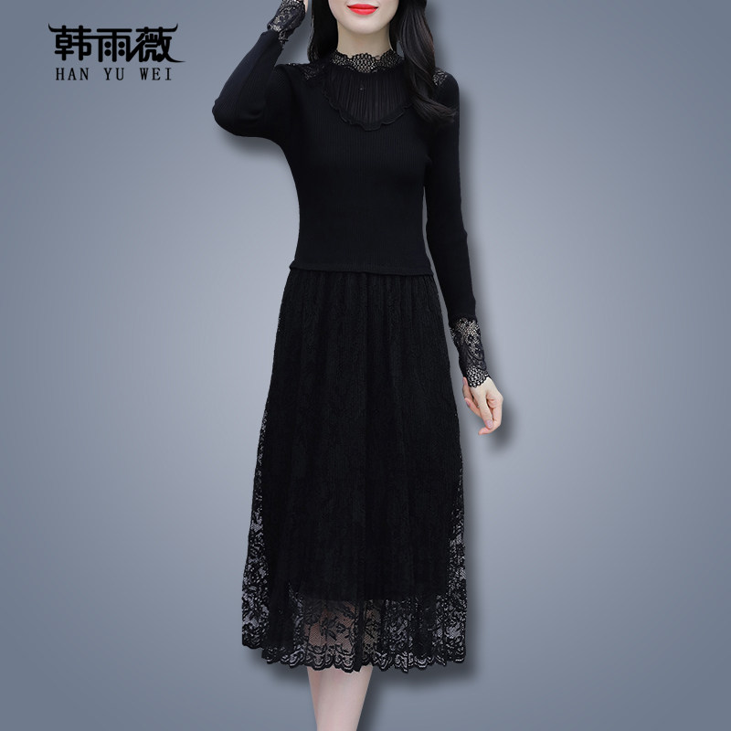 针织蕾丝连衣裙加绒加厚高端气质过膝中长款配大衣打底秋冬裙子女