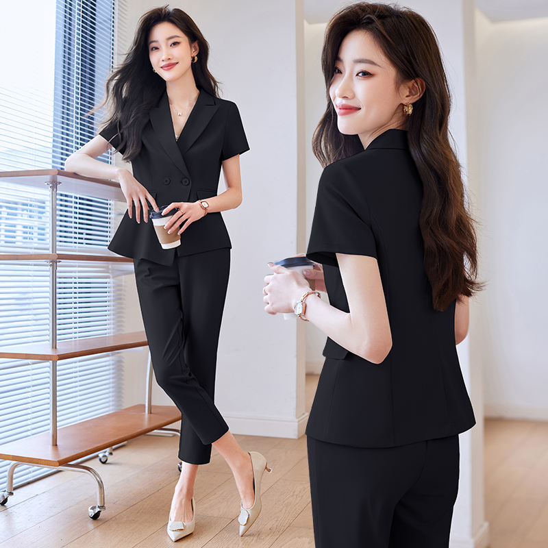 黑色短袖西装套装女夏季薄款工装正装气质前台工作服职业西服夏天