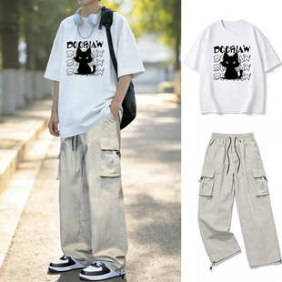 青少年纯棉短袖T恤套装男初高中学生夏季帅气潮流运动穿搭两件套