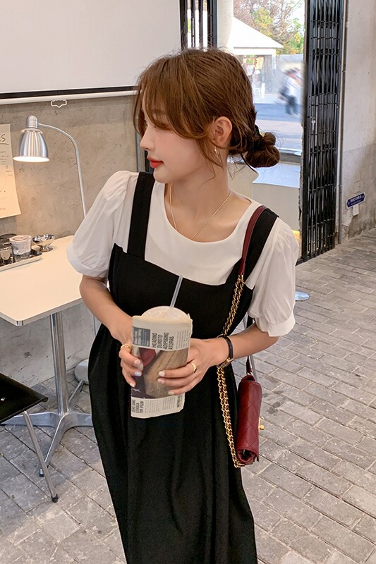 茶歇法式假两件背带连衣裙女夏显瘦2025新款小众设计拼接气质长裙,女装连衣裙,浙宝185