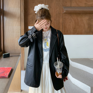 黑色PU皮衣西装外套女2025春季新款韩系复古高级感流行超火小西服图片
