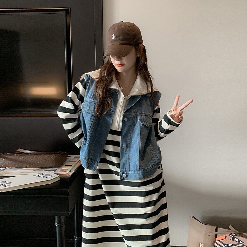 现货针织条纹连衣裙马甲两件套185-9909-P175k258T恤P95马甲P80，女装连衣裙，浙宝185