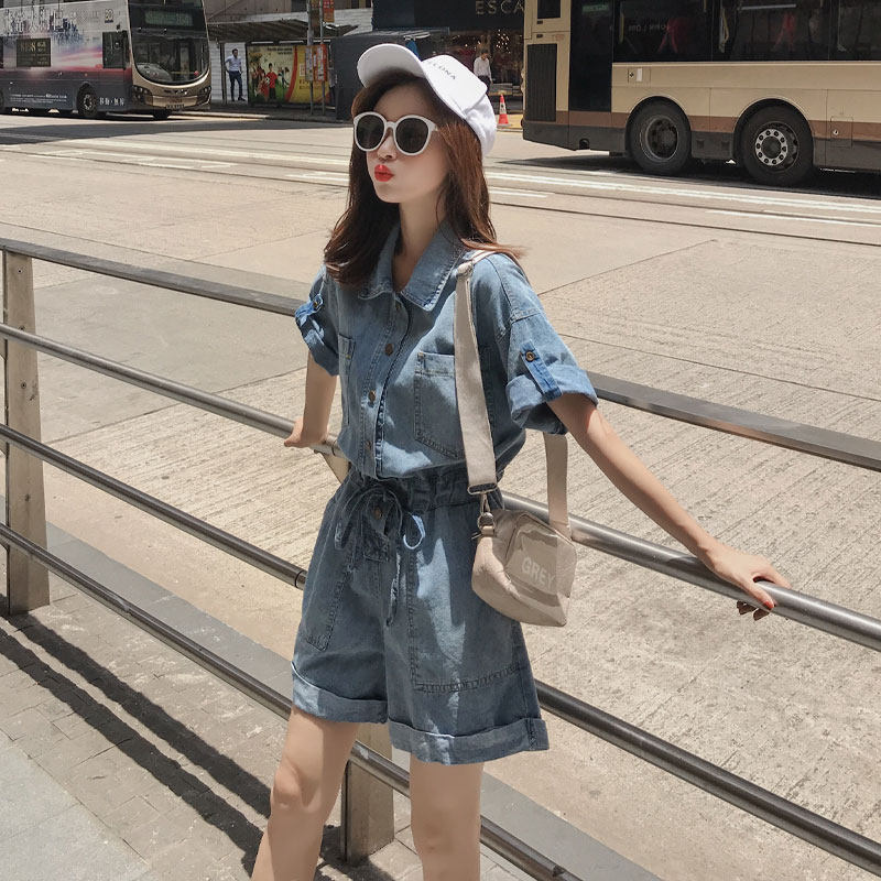 韩系风格牛仔连体裤女夏季2025新款小个子简约通勤收腰阔腿裤短裤,女装休闲裤,浙宝185