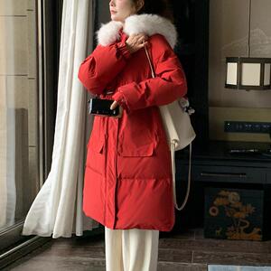 现货 圣诞红新年红中长款红色过年羽绒服185-8828-P260-K398-50绒图片