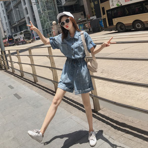 韩系风格牛仔连体裤女夏季2025新款小个子简约通勤收腰阔腿裤短裤