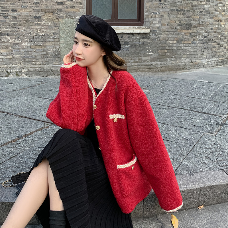 现货新年圣诞红皮毛一体外套女185-9983-P165-K248,女装短外套,浙宝185