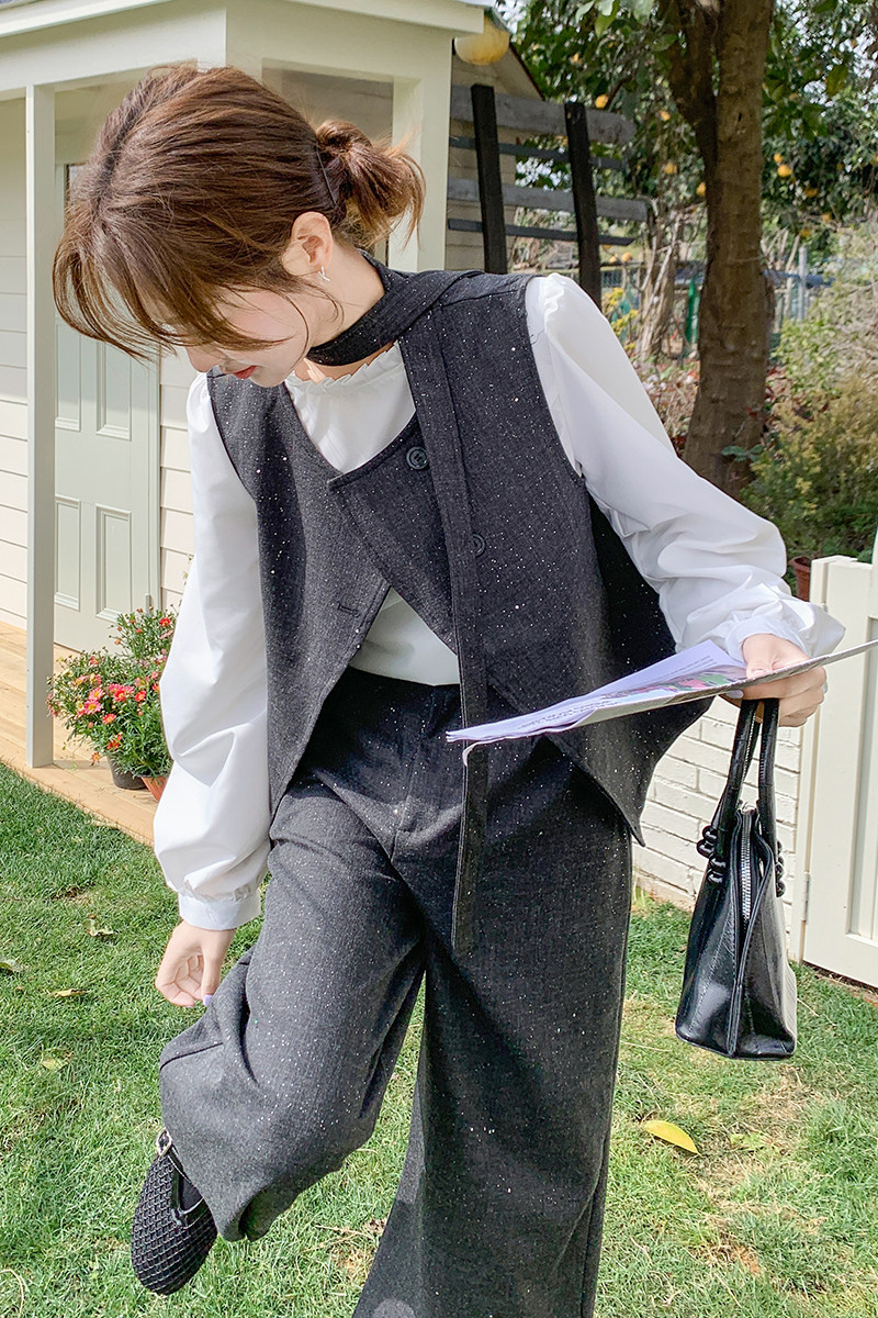 韩系穿搭一整套女2025春季新款高级感气质马甲衬衫阔腿长裤三件套,女装套装/套裙,浙宝185