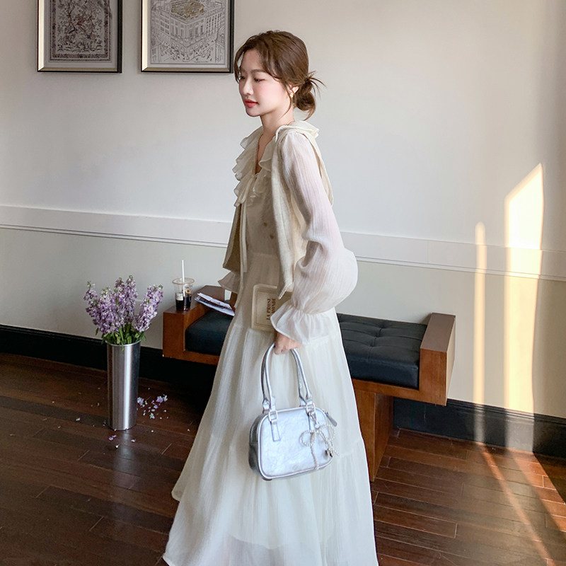 小香风马甲连衣裙套装女2025春季新款法式超好看木耳边长裙两件套,女装套装/套裙,浙宝185