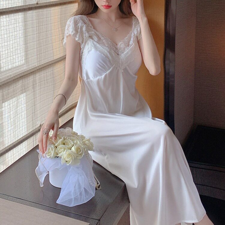 2024新款睡衣女夏冰丝性感蕾丝吊带胸垫中裙睡裙纯欲风家居服