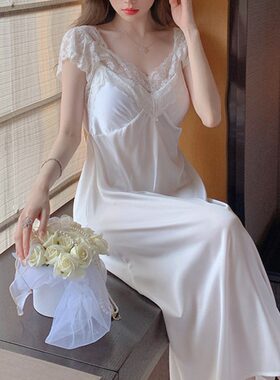 2024新款睡衣女夏冰丝性感蕾丝吊带胸垫中裙睡裙纯欲风家居服