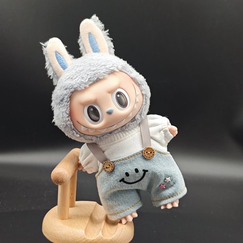 Labubu娃衣17cm搪胶马卡龙拉布布牛仔裤背带裤毛绒玩具衣服两件套
