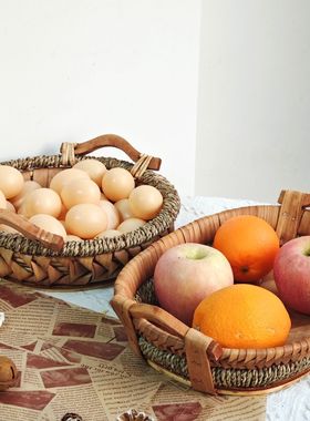 面包篮水果收纳盘中式复古家用客厅网红收纳篮筐木编藤编托盘