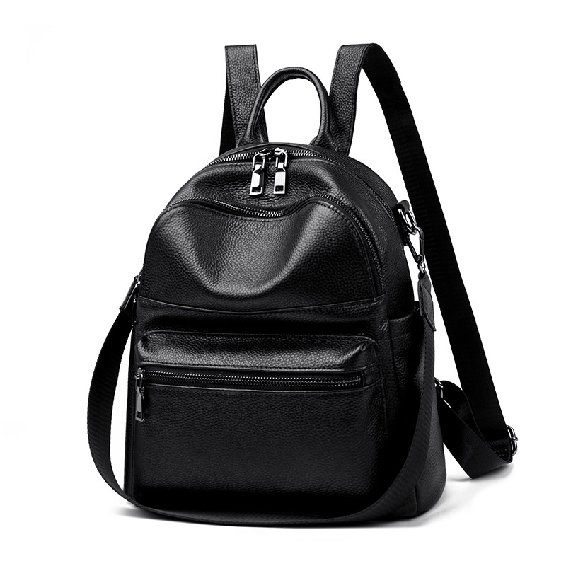头层牛皮休闲简约风真皮双肩包女大容量时尚背包软皮旅行包黑色