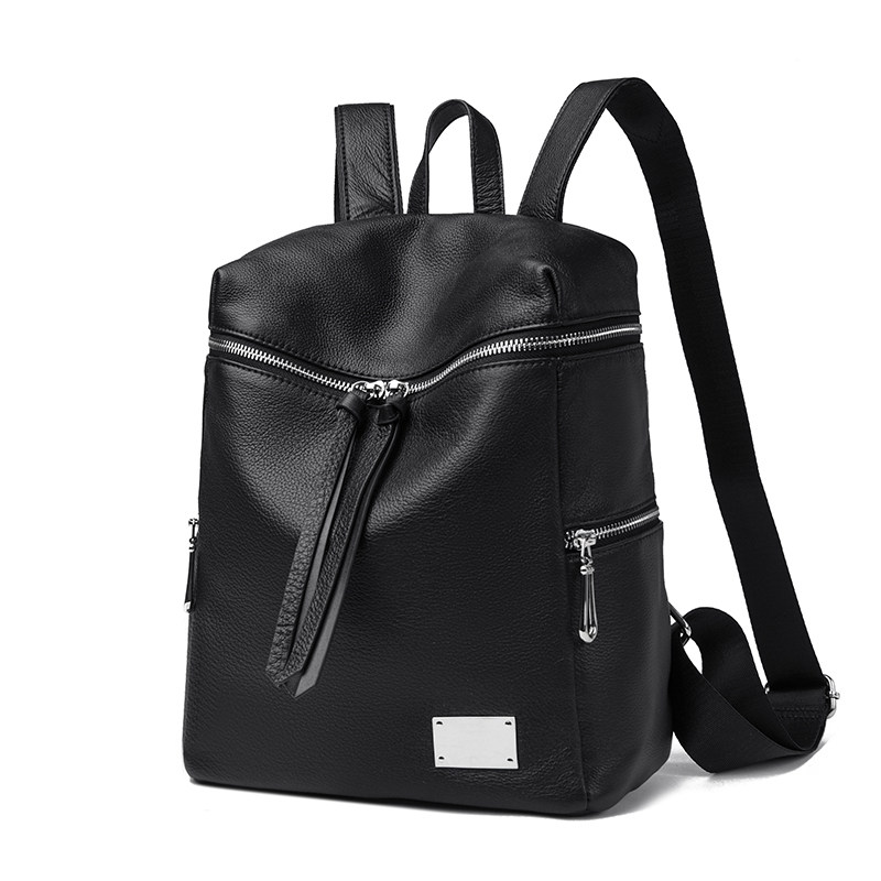 头层牛皮黑色真皮双肩包女大容量轻便旅行背包通勤休闲拉链背包