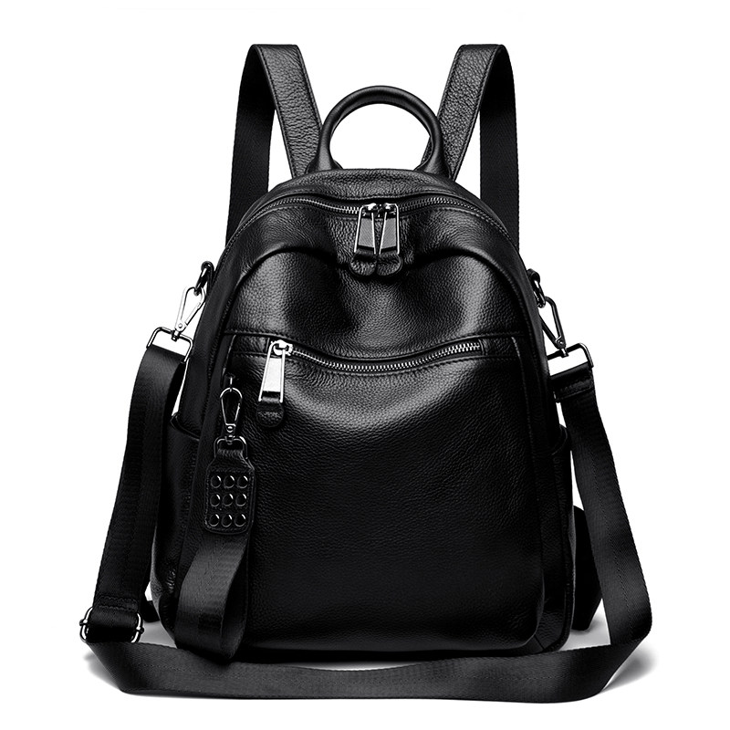 头层牛皮休闲简约风真皮双肩包女大容量时尚百搭旅行背包黑色