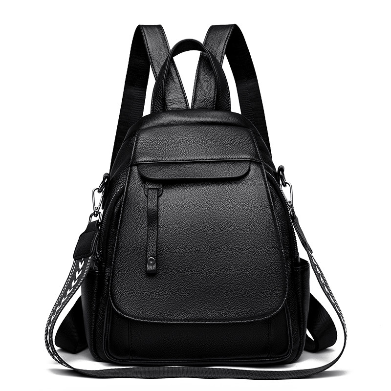 复古双肩包女大容量轻便皮质背包通勤旅游包黑色