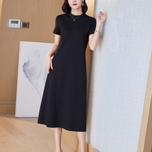 黑色连衣裙女春夏短袖长裙巴黎夜曲气质2025夏季新款宽松休闲T恤