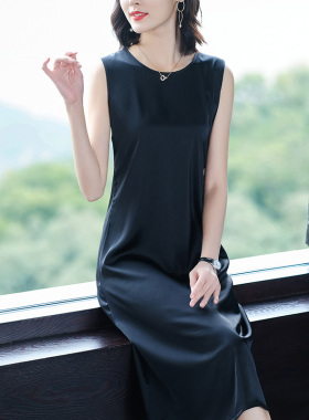 断码清仓黑色无袖连衣裙女夏中长款内搭打底长裙高级感醋酸背心裙