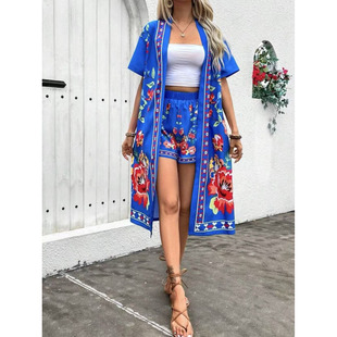 Ethnic style suit欧美波西米亚复古民族风印花开衫长款上衣套装