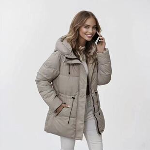 down cotton jacket欧美新款羽绒棉服女中款连帽棉衣加厚显瘦外套