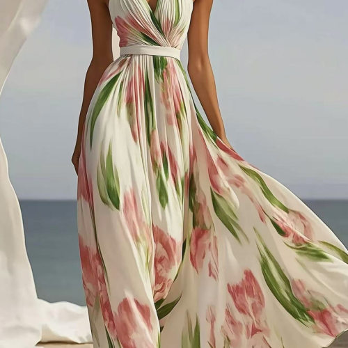 夏季欧美度假V领印花吊带连衣裙