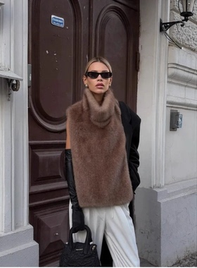 欧美跨境新款仿皮草马甲女秋冬前长后短仿水貂毛坎肩无袖毛毛上衣