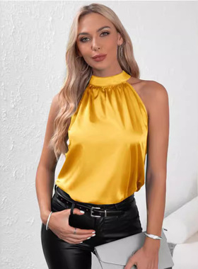 Hanging neck vest2024欧美夏季新款女装色丁纯色露肩挂脖背心