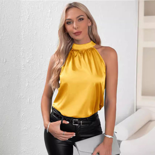 无袖缎面挂脖上衣欧美露肩性感