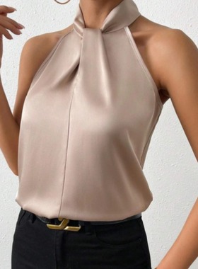 Sleeveless top女装2025夏季新款欧美女色丁多色挂脖露肩无袖背心