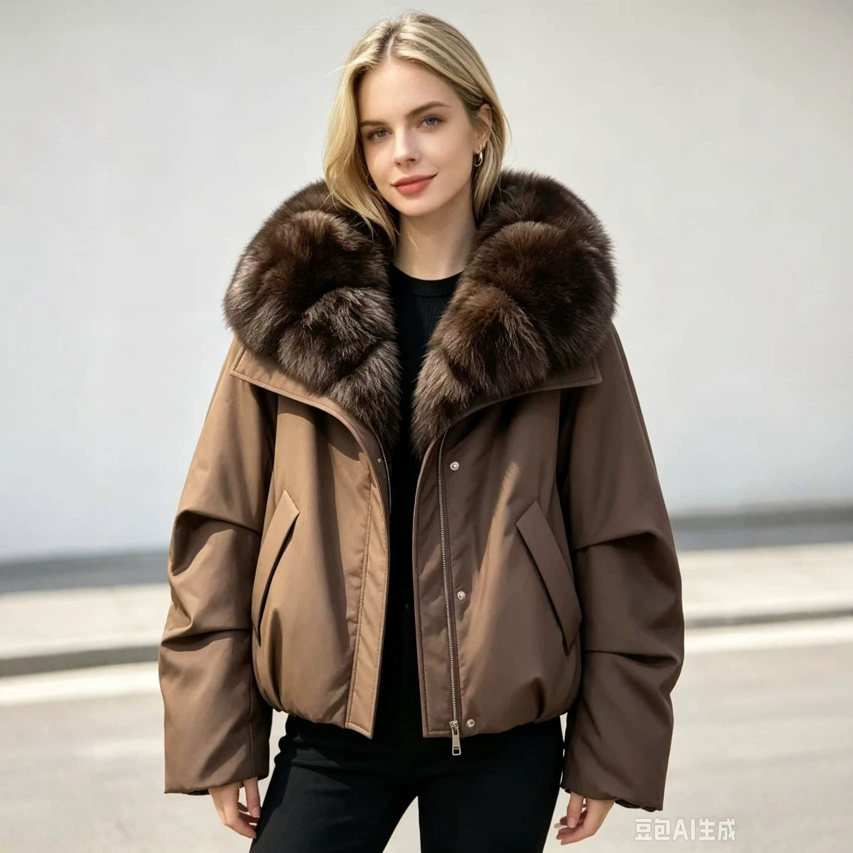Short padded jacket跨境冬季女式短款V型大毛领棉服松紧下摆外套