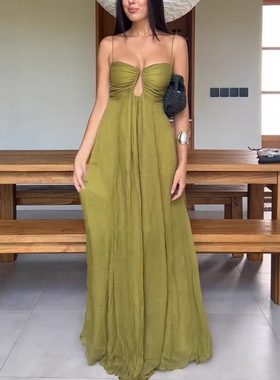 long dress2025新款欧美夏季性感吊带U型设计度假大摆长裙连衣裙