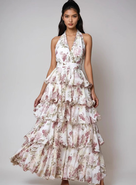 Multi layer dress夏季新款欧美女时尚性感V领吊带多层印花连衣裙