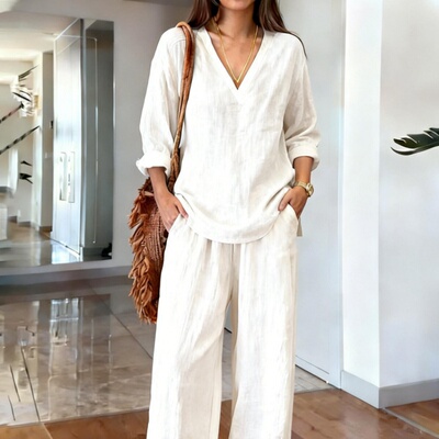 2026欧美新款洗水棉V领女套装