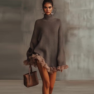 gray sweater秋季新女款跨境外贸针织高领荷叶边拼接长袖棕色毛衣