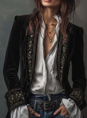 Ruffled velvet jacket欧美跨境女装长袖纯色拼接花边金丝绒外套