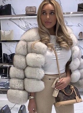 Faux fur fox fur jacket欧美仿皮草狐狸毛女短款长袖毛毛皮外套