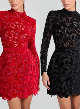 Lace openwork skirt欧美秋冬新款女长袖拉链修身时尚聚会连衣裙