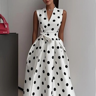 skirt春法式 Slimming line 显瘦A字裙 复古波点连衣裙女V领无袖