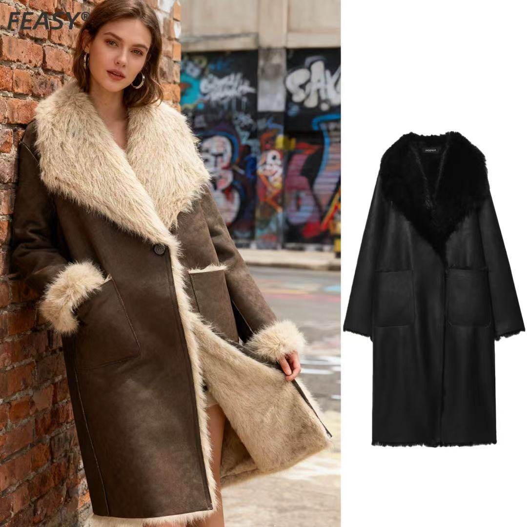 Long coat jacket欧美风跨境女装秋冬新款双面两面穿长款大衣外套
