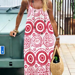 Ethnic dress新款 女民族度假印花吊带露背宽松长款 服连衣裙 style