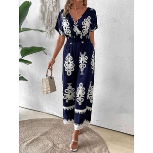 收腰连体裤 Bat 欧美女士印花V领蝙蝠袖 jumpsuit2025夏季 sleeve