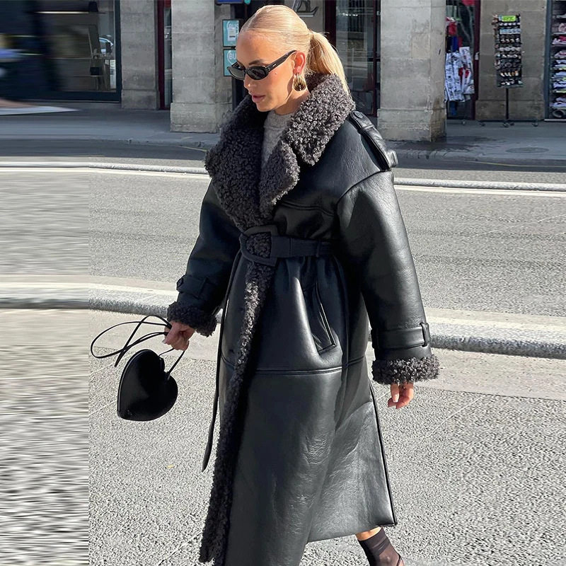 Long coat jacket欧美冬季女气质优雅翻领长袖系腰带长款大衣外套