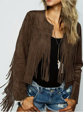 Vintage fringed jacket欧美女复古流苏圆领休闲时尚夹克开衫外套