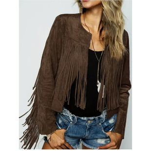 夹克开衫 jacket欧美女复古流苏圆领休闲时尚 外套 fringed Vintage