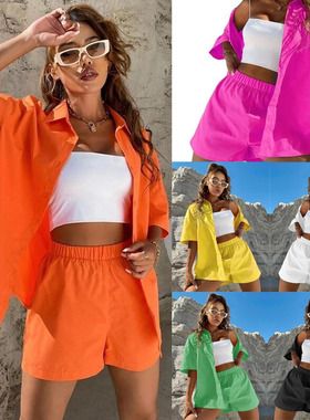 Shirt and shorts set夏季新款棉麻时尚套装纯色休闲落肩衬衫短裤